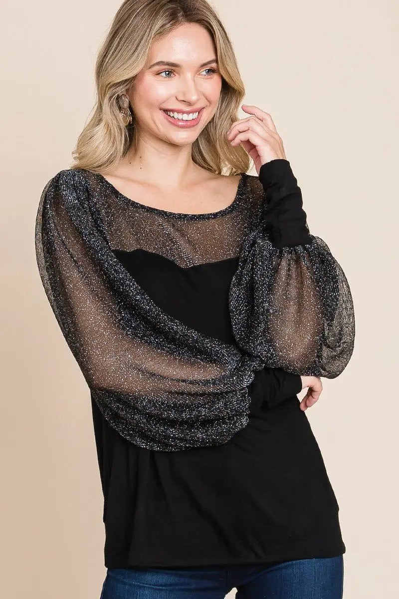 Super Lady Full Size Metallic Mesh Lantern Sleeve Blouse - Love Salve